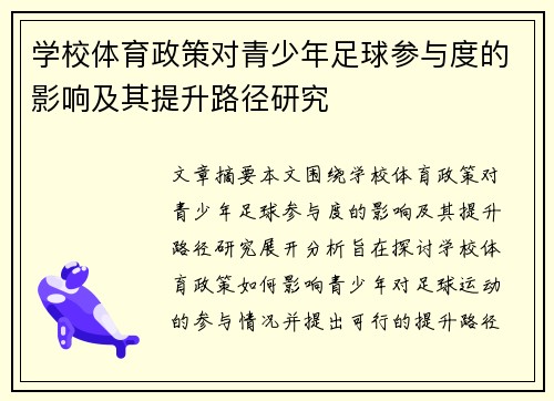 学校体育政策对青少年足球参与度的影响及其提升路径研究