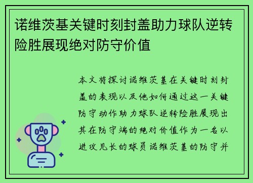 诺维茨基关键时刻封盖助力球队逆转险胜展现绝对防守价值